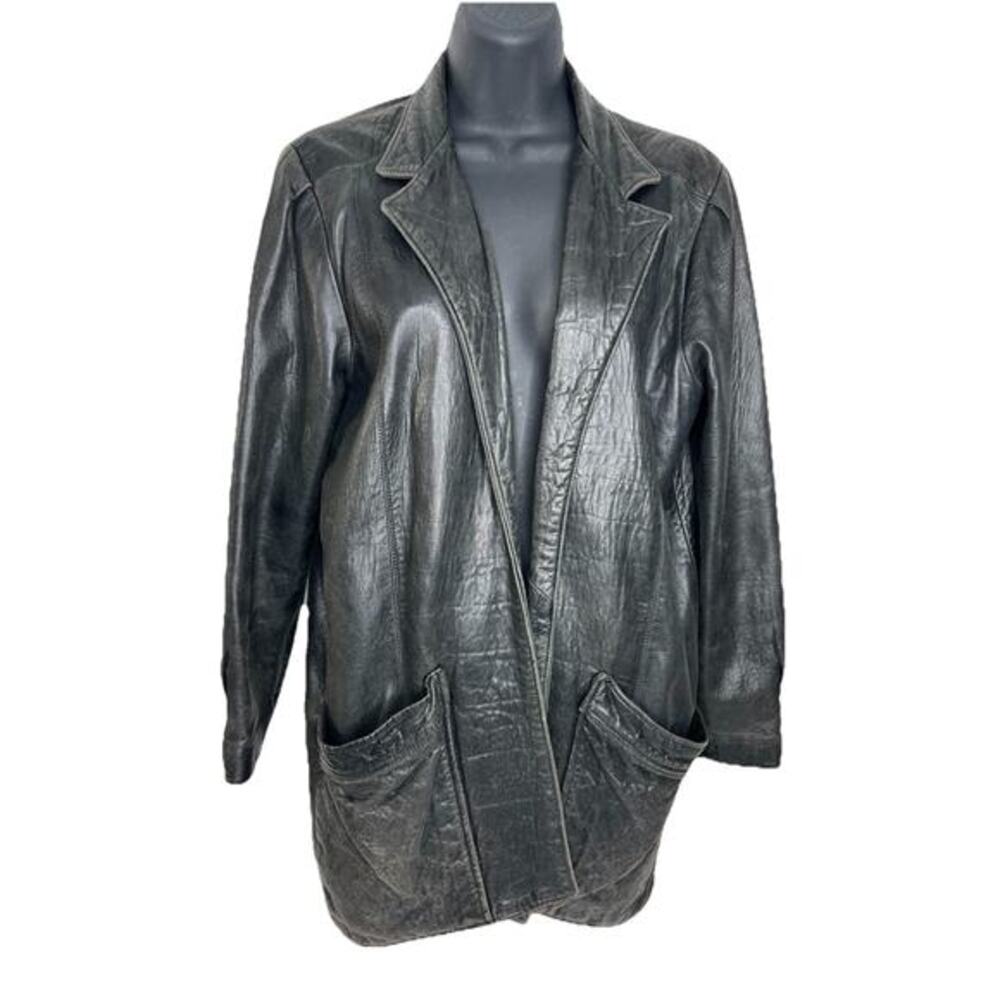 Vintage Christian Lauren Coat Black Leather Jacket Open Size Small
